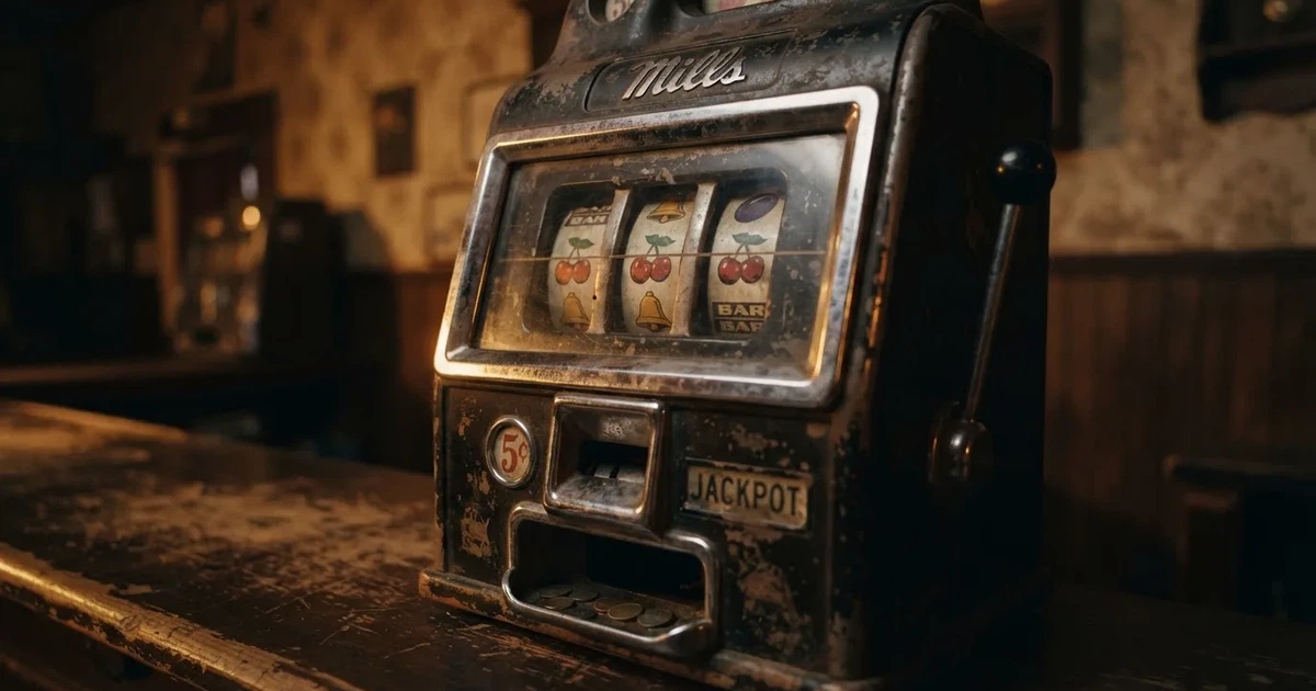 Tæt billede af en gammel mekanisk spilleautomat med tre hjul og røde kirsebær, i et nostalgisk, dæmpet oplyst lokale.
