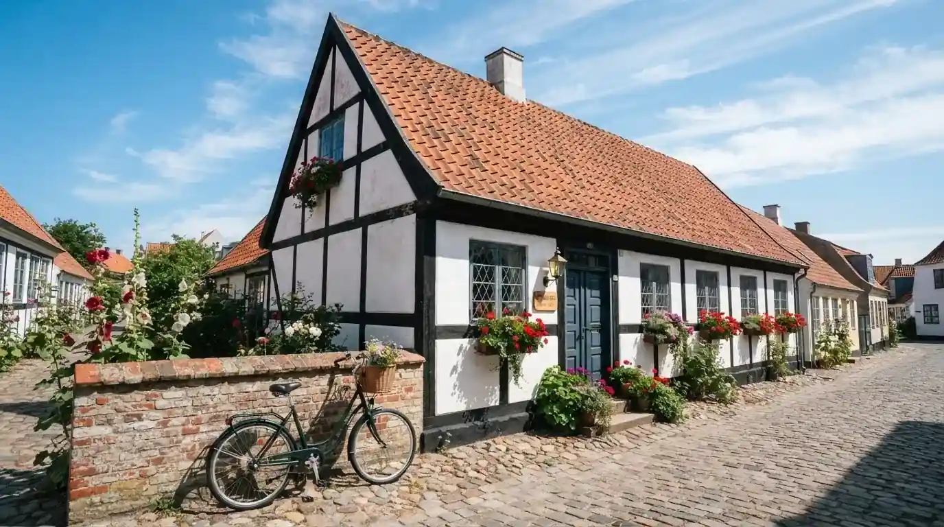 Et rustikt bindingsværkshus i en dansk provinsby i klart dagslys, med blomster ved indgangen og en tom gade.